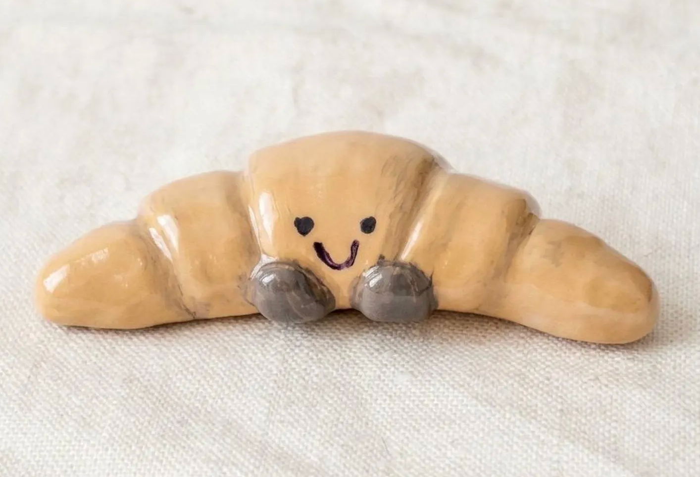 Smiling Croissant Clay Figurine | Cute Handmade Decor